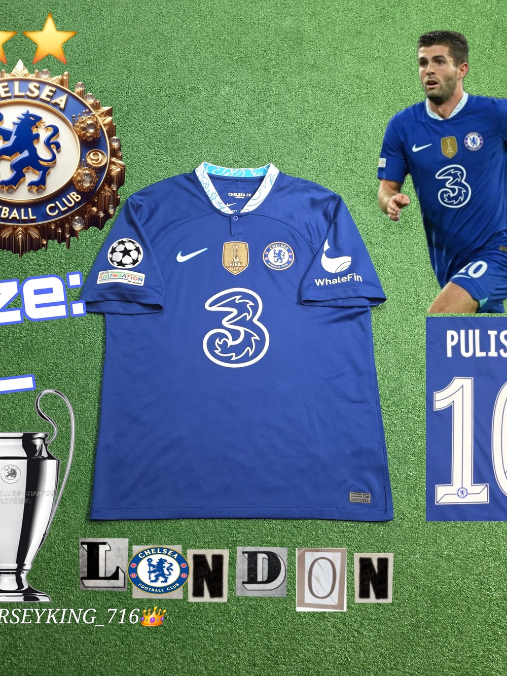 Nike Chelsea FC Christian Pulisic #10 2022/2023 Home Blue Jersey UCL Patches L